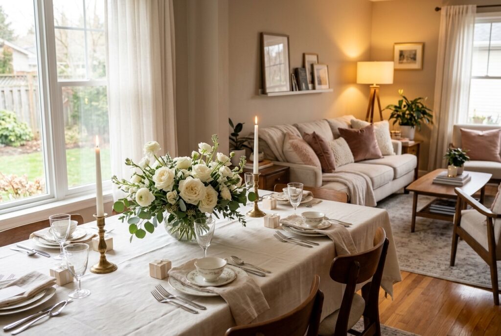 Cozy living room transformed for a bridal shower at home with linen tablecloths, white flowers, and warm candle light Image prompt: Photorealistic wide shot of a home living room transformed into a bridal shower setting. A dining table near a window is covered with a soft ivory linen tablecloth and holds a low centerpiece of white garden roses and eucalyptus in a clear glass bowl. Two white taper candles in brass holders flank the arrangement. A cozy lounge area is visible in the background with layered throw pillows and a warm floor lamp glowing. Soft natural window light from the left side, afternoon quality. Generate in horizontal landscape orientation, 3:2 aspect ratio, optimized for desktop display.