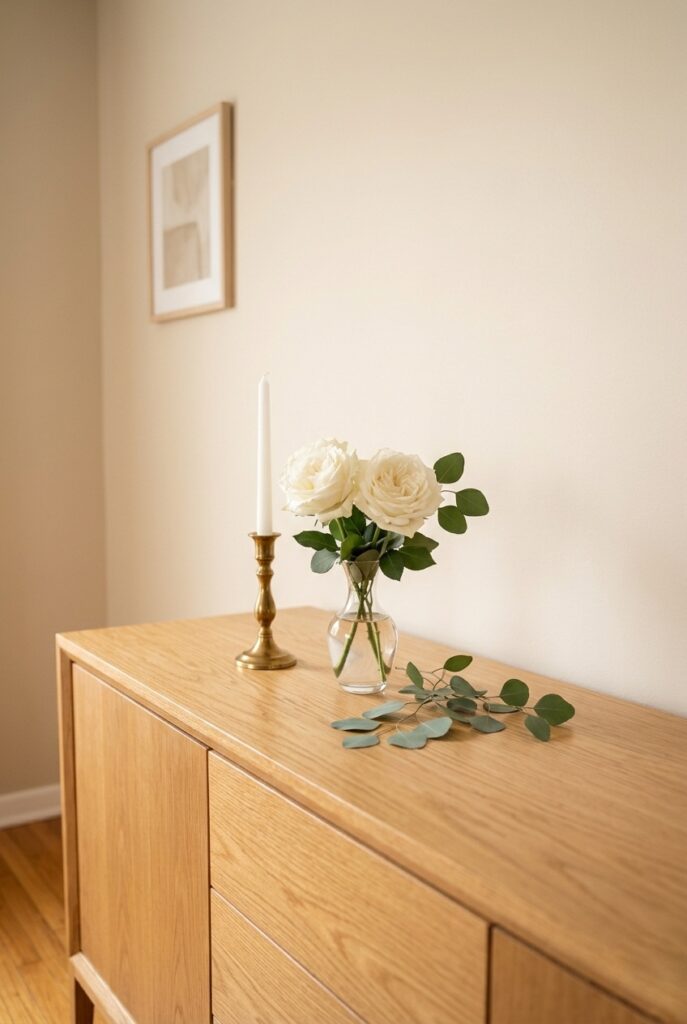 Cleared home sideboard styled simply with white roses and a brass candlestick for bridal shower Image prompt: Photorealistic portrait shot of a clean wooden sideboard with all surfaces cleared. At center, two white garden roses in a small clear glass vase. To the left, a single brass candlestick with a white taper candle. A small sprig of eucalyptus lays loosely beside the vase. The wall behind is bare or holds one simple neutral art piece. Soft natural window light. Generate in vertical portrait orientation, 2:3 aspect ratio, optimized for mobile display.