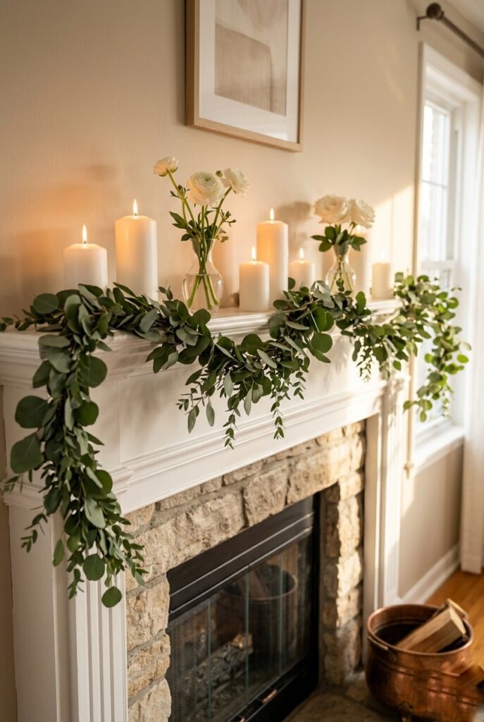 Home fireplace mantle decorated for bridal shower with white candles, bud vases, and eucalyptus garland Image prompt: Photorealistic portrait shot of a white-painted fireplace mantle decorated for a bridal shower. Five white pillar candles at varying heights line the mantle. Between them, two small clear glass bud vases hold white ranunculus stems. A soft eucalyptus garland drapes loosely across the front edge of the mantle. Warm romantic candlelit atmosphere, late afternoon light from a nearby window. Generate in vertical portrait orientation, 2:3 aspect ratio, optimized for mobile display.