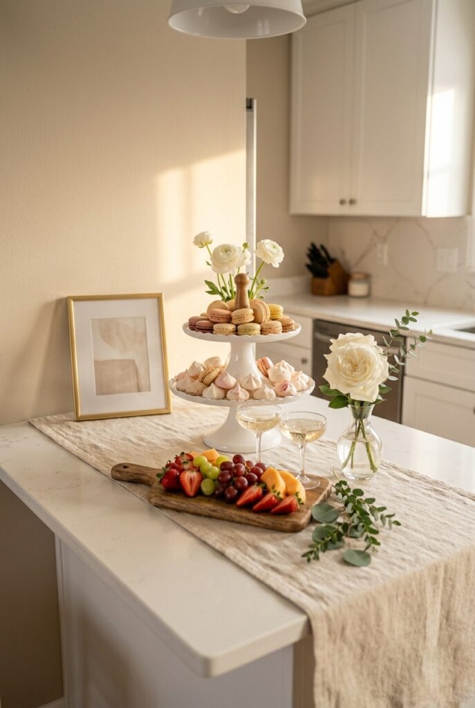 Home kitchen island styled as bridal shower dessert station with tiered stand, linen runner, and flowers Image prompt: Photorealistic portrait shot of a white kitchen island covered with a natural linen runner. At the back, a white tiered ceramic stand holds macarons and small meringues. A small clear bud vase with white roses sits at the right end. A small gold-framed print leans at the back left. In front, a wooden board holds fruit and a champagne flute. Soft natural overhead light plus warm window light from the side. Generate in vertical portrait orientation, 2:3 aspect ratio, optimized for mobile display.