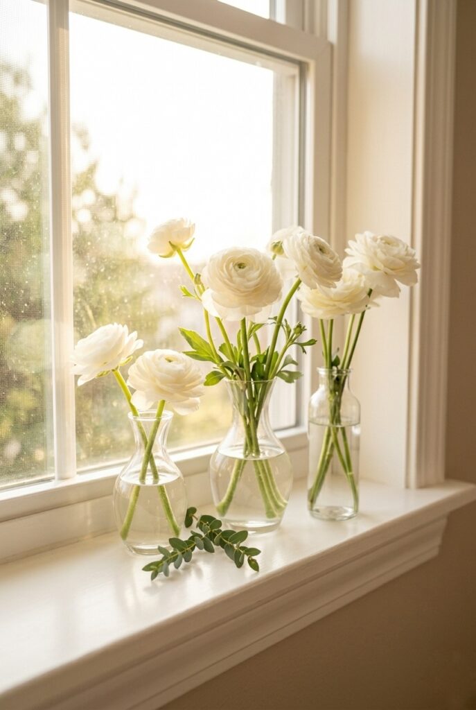 IMAGE 4 HERE Alt text: Home window ledge with three bud vases of white flowers for bridal shower decoration Image prompt: Photorealistic portrait shot of a sunny home window ledge holding three clear glass bud vases at varying heights, each with two or three white ranunculus stems. Natural afternoon light floods through the window creating a soft luminous halo behind the flowers. A single small eucalyptus sprig lays flat on the ledge beside the vases. Generate in vertical portrait orientation, 2:3 aspect ratio, optimized for mobile display.