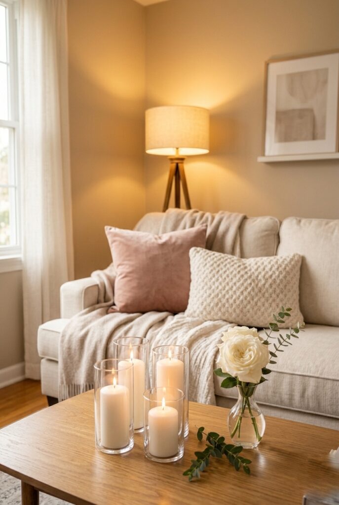 Home living room lounge area styled for bridal shower with neutral throws, coordinating pillows, and candles Image prompt: Photorealistic portrait shot of a cozy home living room lounge area styled for a bridal shower. A cream sofa with two blush and ivory throw pillows faces a wooden coffee table. On the table, three varying-height white candles in glass holders and a small clear bud vase with a white rose. A soft neutral throw is draped casually over the sofa arm. Warm floor lamp light in background plus soft natural window light. Generate in vertical portrait orientation, 2:3 aspect ratio, optimized for mobile display.