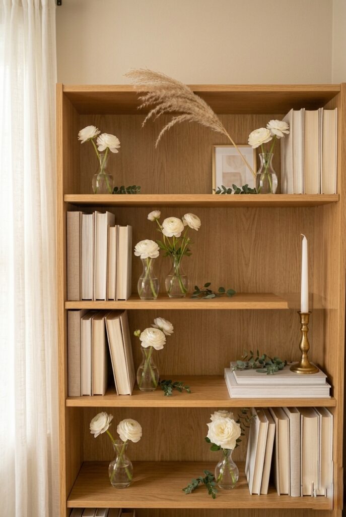 IMAGE 6 HERE Alt text: Home bookshelf styled as bridal shower photo backdrop with white flowers, eucalyptus, and candles Image prompt: Photorealistic portrait shot of a wooden bookshelf with select books still on shelves, edited to neutral spines. Small white bud vases with ranunculus are tucked between books. A dried pampas grass stem arches from the top shelf. A small brass candlestick with a white taper candle sits at one end of a middle shelf. The shelf reads as a styled, layered backdrop. Soft natural window light. Generate in vertical portrait orientation, 2:3 aspect ratio, optimized for mobile display.