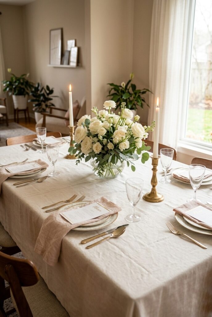 IMAGE 7 HERE Alt text: Home dining table styled for bridal shower with ivory linen tablecloth, white roses, and taper candles Image prompt: Photorealistic portrait shot of a home dining table fully set for a bridal shower. An ivory linen tablecloth drapes generously over all edges. At the center, a low clear glass bowl holds white garden roses and eucalyptus. Two slim brass taper candlesticks with white candles flank the arrangement. Gold-rimmed white plates with blush napkins sit at each place setting. Soft natural window light from the side. Generate in vertical portrait orientation, 2:3 aspect ratio, optimized for mobile display.