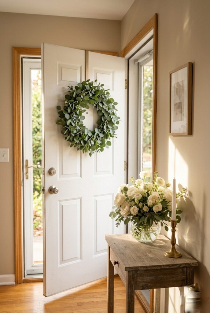 IMAGE 8 HERE Alt text: Home front door with eucalyptus wreath and small entry table with white flowers for bridal shower Image prompt: Photorealistic portrait shot of a white-painted home front door with a lush fresh eucalyptus wreath hung at center. Below, through an open door, a small wooden entry table is visible holding a clear vase with white roses and a brass candlestick. Afternoon sunlight creates warm shadows through the door frame. Soft natural window light. Generate in vertical portrait orientation, 2:3 aspect ratio, optimized for mobile display.