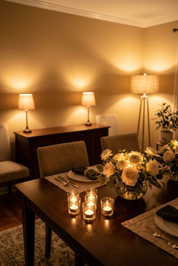 IMAGE 9 HERE Alt text: Home dining area lit with table lamps and candles for bridal shower warm ambient atmosphere Image prompt: Photorealistic portrait shot of a home dining area lit entirely with warm ambient sources — a floor lamp in the background, two table lamps on a sideboard, and a cluster of five tealight votives on the dining table. The overhead light is off. A white flower arrangement glows warmly in the center of the table. The room has a golden, intimate quality. Warm romantic candlelit atmosphere. Generate in vertical portrait orientation, 2:3 aspect ratio, optimized for mobile display.