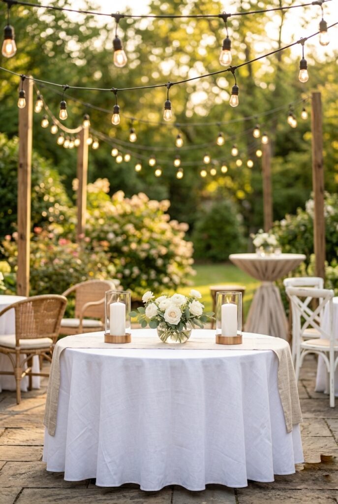 IMAGE 10 HERE Alt text: Home backyard patio styled for bridal shower with linen runner, white flowers, and string lights overhead Image prompt: Photorealistic portrait shot of a home outdoor patio table styled for a bridal shower. A round table with a white linen cloth holds a low arrangement of white garden roses in a clear glass bowl. Two white pillar candles in glass hurricane holders flank the flowers. String lights with warm Edison bulbs are strung overhead between two wooden posts. Late afternoon golden hour sunlight in background with garden greenery visible. Soft natural outdoor light. Generate in vertical portrait orientation, 2:3 aspect ratio, optimized for mobile display.