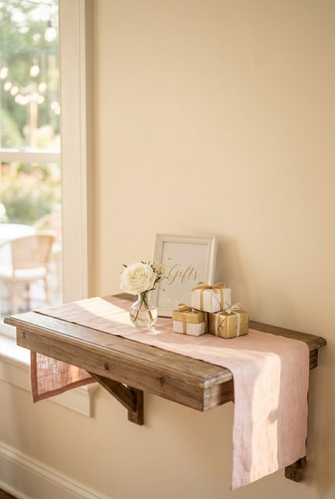 IMAGE 11 HERE Alt text: Home wall table styled as bridal shower gift table with linen runner, bud vase, and small sign Image prompt: Photorealistic portrait shot of a narrow wooden wall table dressed for a bridal shower gift display. A blush linen runner runs down the center. A small clear glass bud vase with a white rose sits at one end. A small white framed sign reading "Gifts" in elegant script leans against the wall at the back center. Three neatly wrapped gift boxes in white and gold paper are stacked beside the vase. Soft natural window light. Generate in vertical portrait orientation, 2:3 aspect ratio, optimized for mobile display.