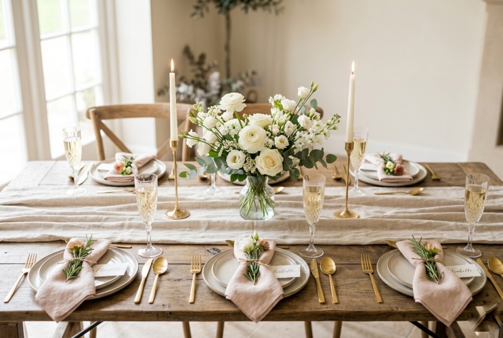 Elegant bridal shower table with linen runner, fresh white florals, gold candlesticks, and champagne flutes set against a soft neutral background Image prompt: Photorealistic overhead shot of a beautifully styled bridal shower dining table in a bright, airy indoor space. The table features a natural linen runner, a low centerpiece of white ranunculus and eucalyptus in a glass bud vase, gold taper candlesticks, vintage champagne flutes, and blush napkins tied with a sprig of rosemary. Soft natural window light from the left casting gentle shadows. Delicate place cards in calligraphy. Minimal and intentional, sophisticated without being over-the-top. No text overlays. Generate in horizontal landscape orientation, 3:2 aspect ratio, optimized for desktop display.