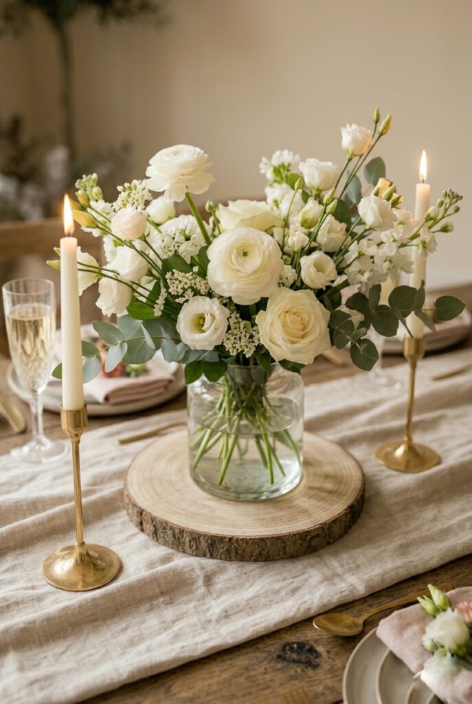 Single elegant bridal shower centerpiece with white ranunculus and eucalyptus in a clear glass cylinder vase Image prompt: Photorealistic portrait shot of a single elegant bridal shower table centerpiece. A clear low glass cylinder vase holds a lush arrangement of white ranunculus, garden roses, and trailing eucalyptus. The vase sits on a small wood slice. Surrounding it are two short ivory taper candles in thin brass holders. Soft warm candlelit atmosphere with gentle ambient light. Intimate and refined. No text overlays. Generate in vertical portrait orientation, 2:3 aspect ratio, optimized for mobile display.