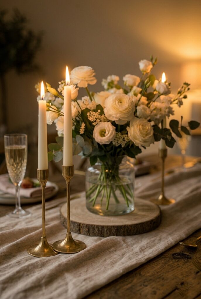 Photorealistic portrait shot of a single elegant bridal shower table centerpiece. A clear low glass cylinder vase holds a lush arrangement of white ranunculus, garden roses, and trailing eucalyptus. The vase sits on a small wood slice. Surrounding it are two short ivory taper candles in thin brass holders. Soft warm candlelit atmosphere with gentle ambient light. Intimate and refined. No text overlays. Generate in vertical portrait orientation, 2:3 aspect ratio, optimized for mobile display.
