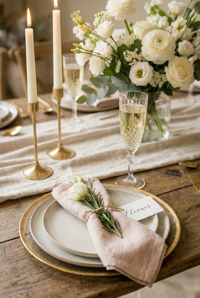 Bridal shower place setting with layered charger plate, blush napkin and rosemary sprig, calligraphy place card Image prompt: Photorealistic close-up portrait of a single elegant bridal shower place setting. A gold charger plate topped with a white dinner plate, a blush linen napkin folded simply and tied with a sprig of fresh rosemary and a thin satin ribbon. A small handwritten calligraphy place card leaning against the napkin. A champagne flute to the upper right. Soft natural window light from the side. Clean, intimate, and sophisticated. No text overlays. Generate in vertical portrait orientation, 2:3 aspect ratio, optimized for mobile display.