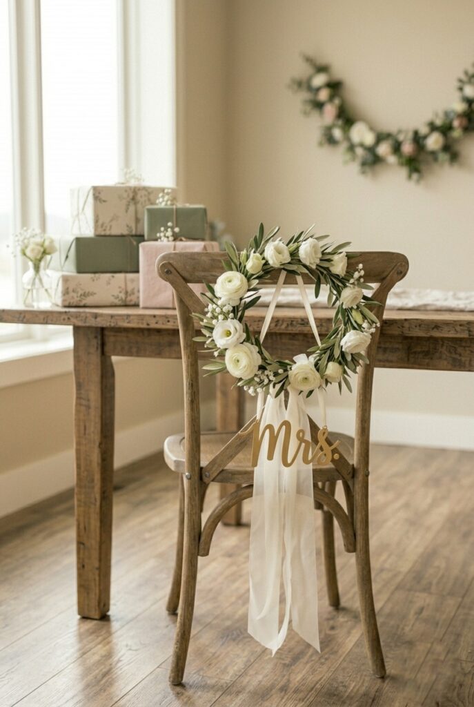 Decorated bride's chair at bridal shower with floral wreath, ribbon streamers and gold Mrs. signage Image prompt: Photorealistic portrait of a beautifully decorated bride's chair at a bridal shower. A bentwood or white chiavari chair adorned with a small floral wreath hung on the back and soft ivory ribbon streamers trailing down. A simple gold-toned wooden "Mrs." sign hanging from the wreath with thin satin ribbon. Soft natural window light. Elegant and restrained, not over-decorated. No text overlays. Generate in vertical portrait orientation, 2:3 aspect ratio, optimized for mobile display.