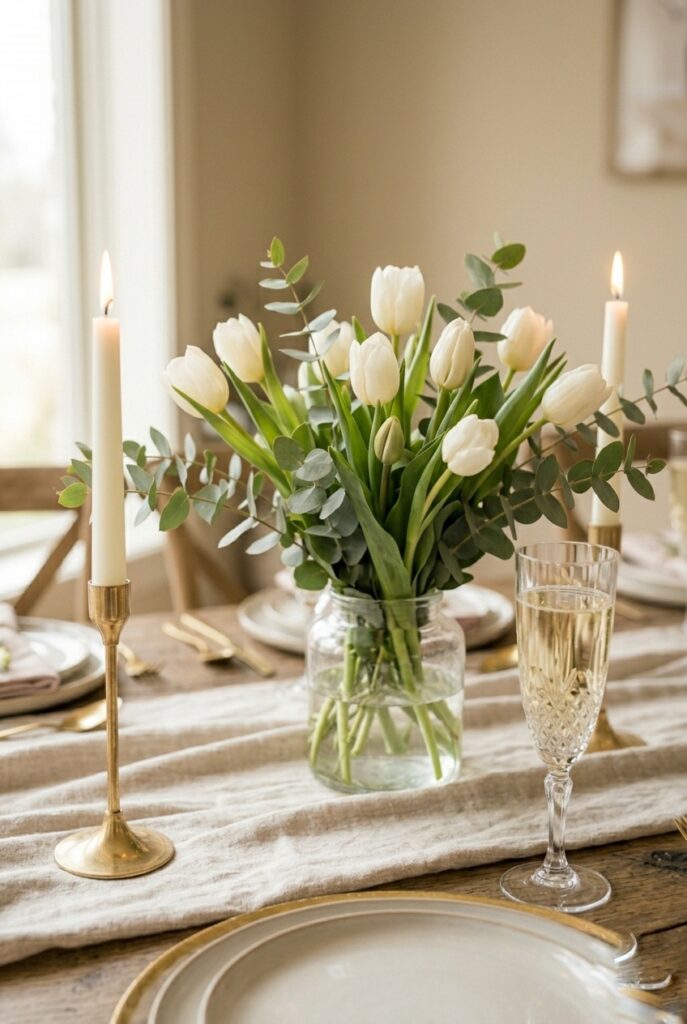 DIY bridal shower table centerpiece made with grocery store white tulips and eucalyptus in glass vases Image prompt: Photorealistic portrait of a DIY bridal shower table centerpiece arrangement using grocery store white tulips and trailing eucalyptus stems in a short clear glass vase. Styled on a linen tablecloth with a small beeswax candle nearby. Natural and fresh looking, intentional and unfussy. Soft natural window light from a window nearby. No text overlays. Generate in vertical portrait orientation, 2:3 aspect ratio, optimized for mobile display.
