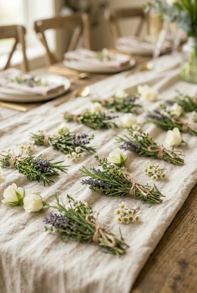 IMAGE 7 HERE Alt text: Small herb bundles of rosemary and lavender tied with twine as bridal shower table decorations Image prompt: Photorealistic portrait of small decorative bundles of fresh rosemary, lavender sprigs, and lemon thyme tied with natural twine, arranged casually along a bridal shower linen table runner. Small white blooms scattered nearby. Soft natural window light, fresh and clean feel. No text overlays. Generate in vertical portrait orientation, 2:3 aspect ratio, optimized for mobile display.