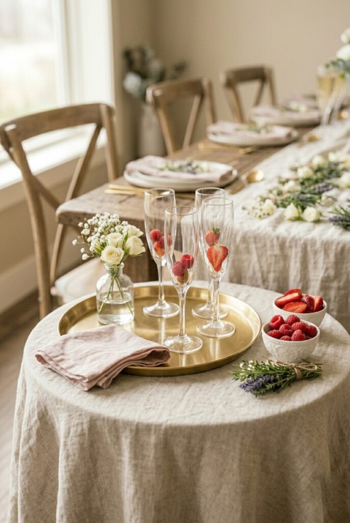 Elegant bridal shower mimosa bar with gold serving tray, champagne flutes, and fresh fruit garnishes on a linen-covered table Image prompt: Photorealistic portrait shot of a styled bridal shower mimosa bar setup on a small linen-covered side table. Gold serving tray holding four crystal champagne flutes, a small arrangement of white blooms in a bud vase, small bowls of fresh raspberries and strawberries as garnishes, and a folded blush linen napkin. Soft natural window light. Polished and inviting, not busy. No text overlays. Generate in vertical portrait orientation, 2:3 aspect ratio, optimized for mobile display.