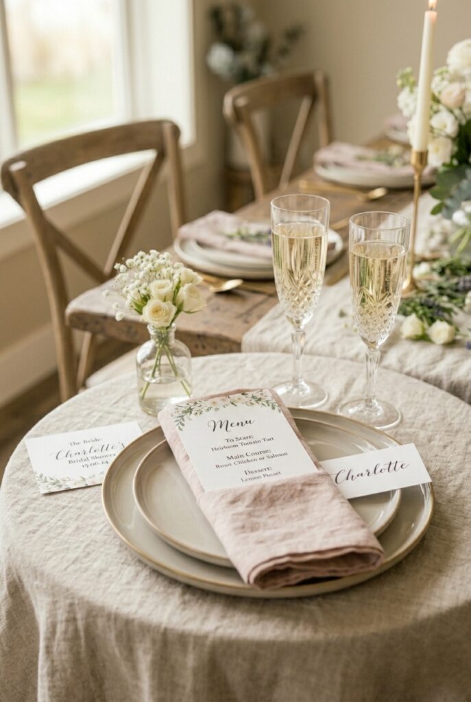 IMAGE 9 HERE Alt text: Bridal shower table with printed menus, calligraphy place cards, and floral-bordered stationery Image prompt: Photorealistic portrait of a bridal shower table detail showing printed paper goods — a folded menu card with a delicate floral border, a calligraphy place card leaning against a champagne flute, and a small printed stationery piece with the bride's name. Styled on a linen tablecloth. Soft natural window light from the side. Elegant and understated. No text overlays. Generate in vertical portrait orientation, 2:3 aspect ratio, optimized for mobile display.