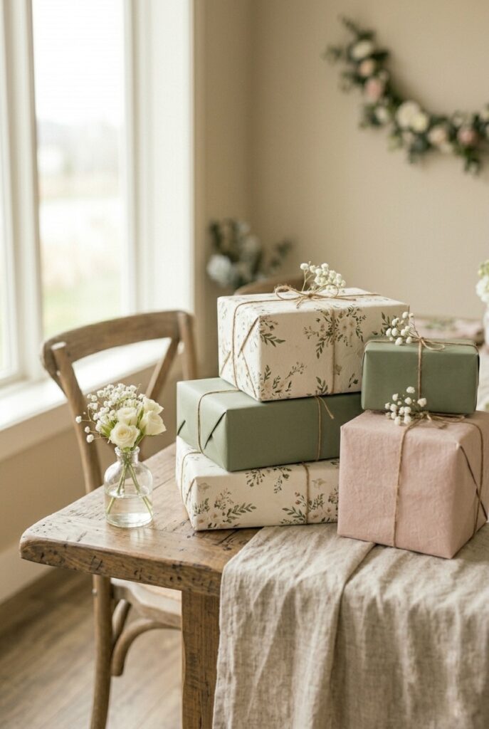 IMAGE 10 HERE Alt text: Simple, uncluttered bridal shower gift table with linen drape, small floral arrangement, and stacked gifts Image prompt: Photorealistic portrait of a bridal shower gift table styled with restraint. A console table draped in a soft white linen, one small floral arrangement in a glass bud vase to one side, and a few beautifully wrapped gifts stacked at varying heights. Simple, unfussy, and elegant. Soft natural window light. The gifts are the visual star. No text overlays. Generate in vertical portrait orientation, 2:3 aspect ratio, optimized for mobile display.