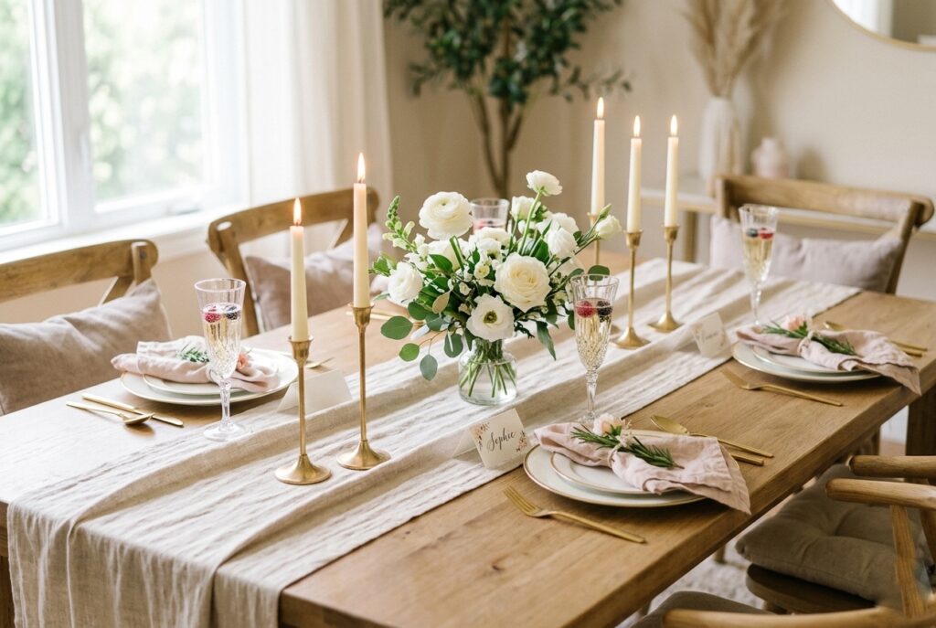 Elegant bridal shower table with linen runner, fresh white florals, gold candlesticks, and champagne flutes set against a soft neutral background Image prompt: Photorealistic overhead shot of a beautifully styled bridal shower dining table in a bright, airy indoor space. The table features a natural linen runner, a low centerpiece of white ranunculus and eucalyptus in a glass bud vase, gold taper candlesticks, vintage champagne flutes, and blush napkins tied with a sprig of rosemary. Soft natural window light from the left casting gentle shadows. Delicate place cards in calligraphy. Minimal and intentional, sophisticated without being over-the-top. No text overlays. Generate in horizontal landscape orientation, 3:2 aspect ratio, optimized for desktop display.
