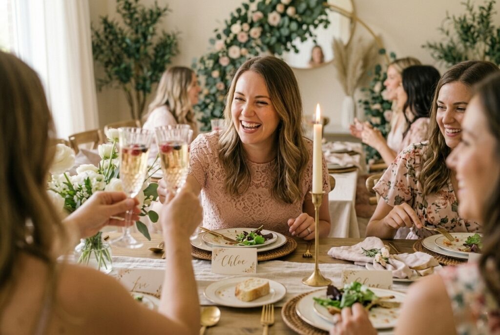 Elegant bridal shower table with blush ranunculus centerpiece, tapered candles in brass holders, linen napkins, and gold-rimmed glassware on a cream-colored tablecloth Image prompt: Photorealistic wide-angle shot of a beautifully styled bridal shower table set for eight guests. The table features a low lush centerpiece of blush and ivory ranunculus with trailing eucalyptus, slim brass taper candle holders with ivory candles, ivory linen napkins folded into loose knots, gold-rimmed champagne flutes, and rattan charger plates on a cream linen tablecloth. A floral arch is softly visible in the background. Warm romantic candlelit atmosphere with golden afternoon light streaming in from the left. Photorealistic, no text overlays. Generate in horizontal landscape orientation, 3:2 aspect ratio, optimized for desktop display.