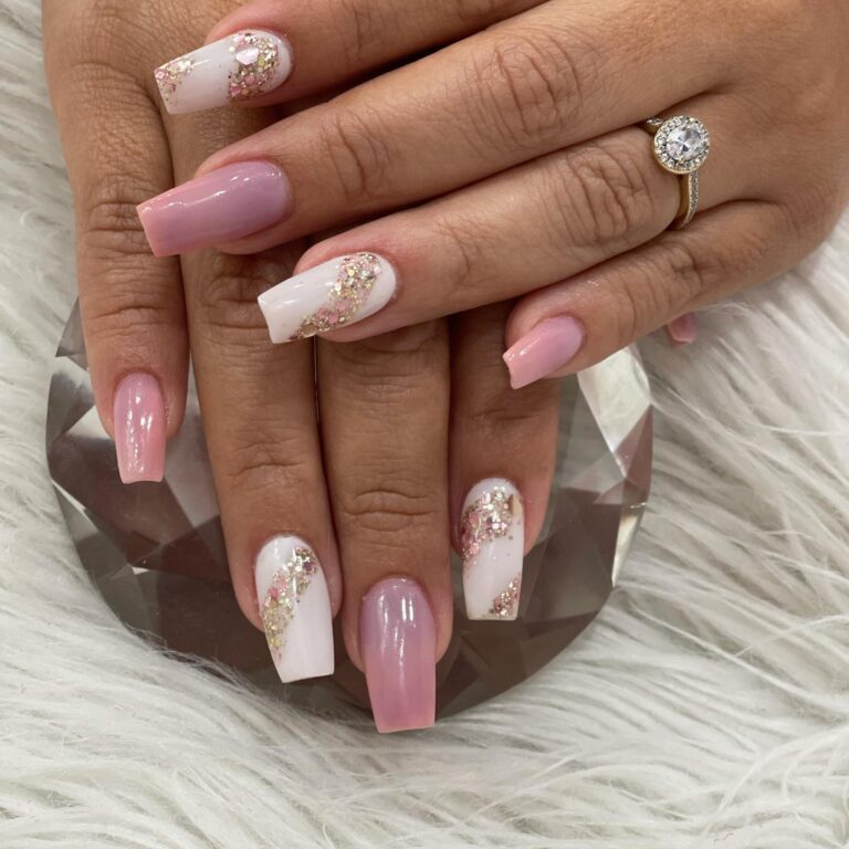 Dusty rose nails with subtle glitter fade at tips, sparkly gradient bridal manicure