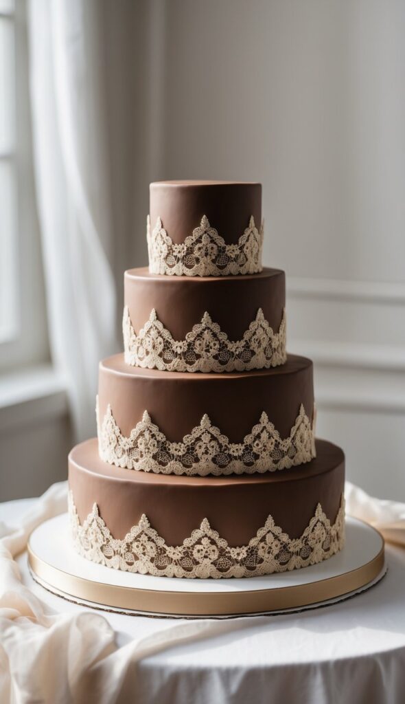 Alt text: Multi-tier chocolate brown fondant wedding cake with piped gold lace detail on each tier, elegant reception cake
