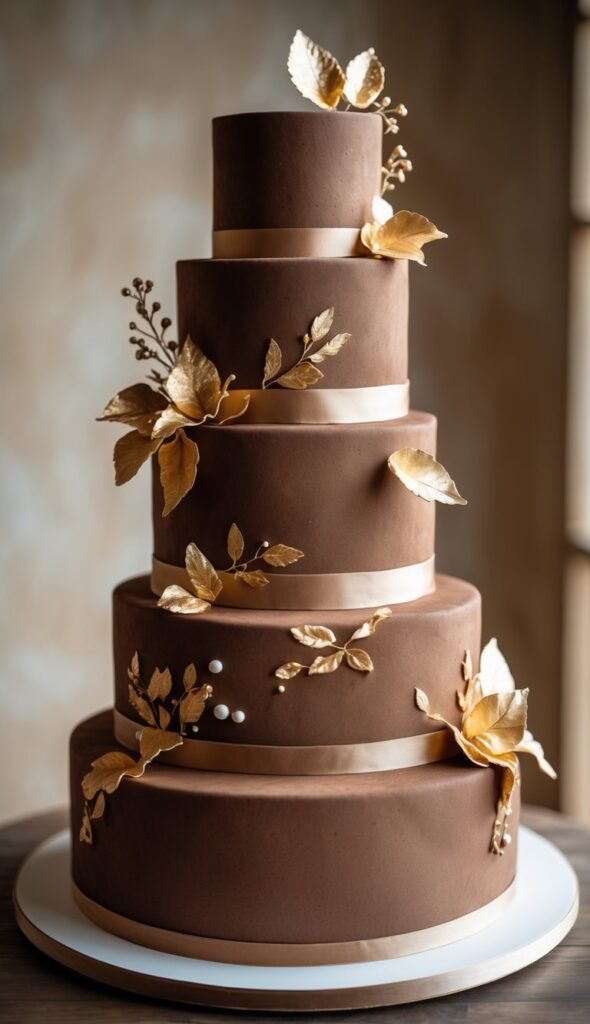 Alt text: Multi-tier brown suede textured wedding cake with gold accent details, soft velvety finish, modern reception cake