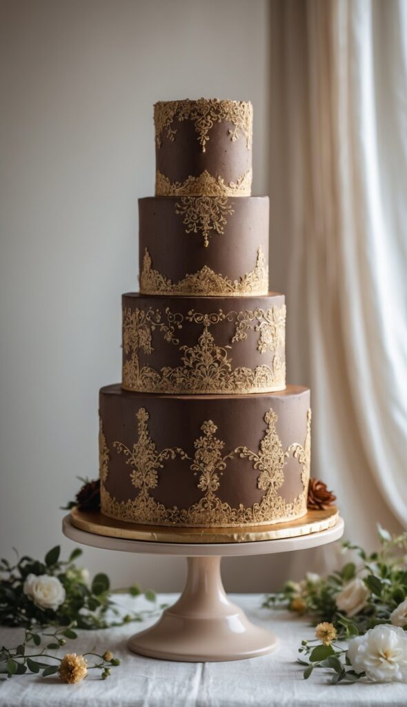 Alt text: Multi-tier brown wedding cake with hand-piped gold filigree decoration, vintage romantic cake design on cake stand