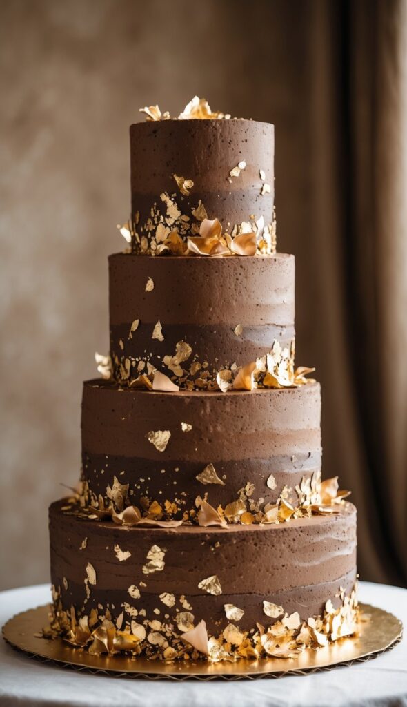 Alt text: Multi-tier rustic brown wedding cake with scattered gold foil flakes, warm earthy bridal cake, natural setting