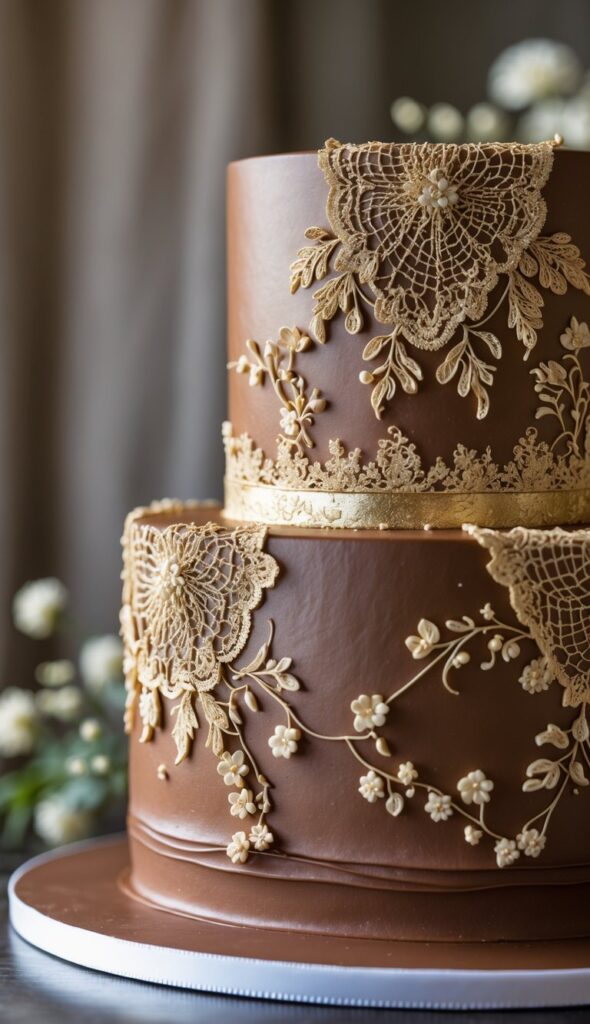 Alt text: Close-up of wedding cake tier with gold lace overlay on smooth dark chocolate fondant, intricate romantic detail
