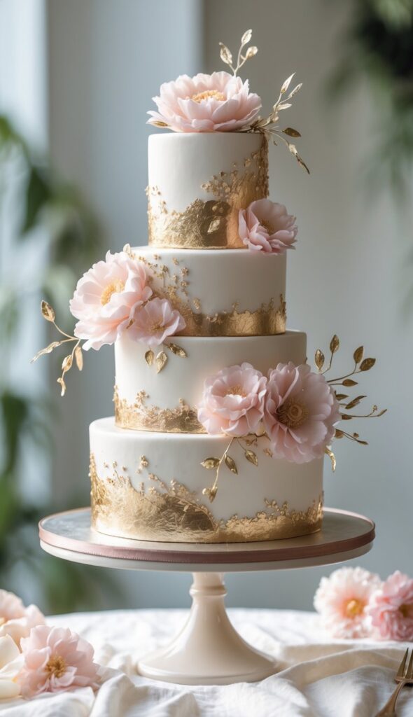 Alt text: Wedding cake with soft pink sugar flowers and gold accent details on brown base, romantic feminine bridal cake