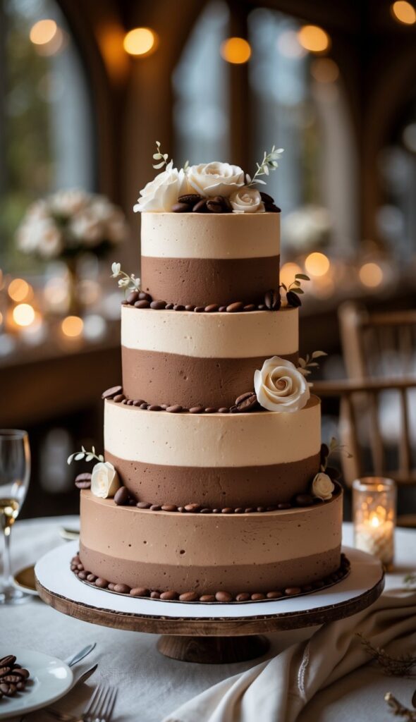 Alt text: Multi-tier mocha mousse wedding cake with coffee-toned smooth icing, simple elegant bridal cake on reception table