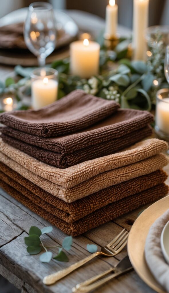 Alt text: Folded mocha and butterscotch velvet napkins on wooden reception table with candles and greenery, luxurious table setting detail
