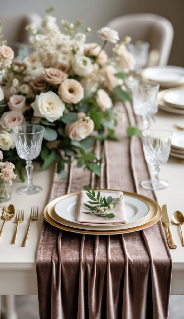 Alt text: Wedding reception table with mocha velvet table runner, fine china and glassware, floral centerpiece, elegant candlelit setting