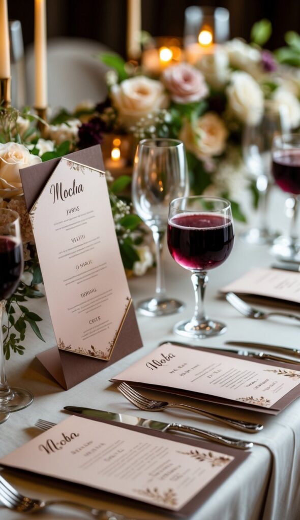 Alt text: Mocha-tinted wedding cocktail and wine menu cards on reception table with wine glasses and floral accents, warm neutral stationery