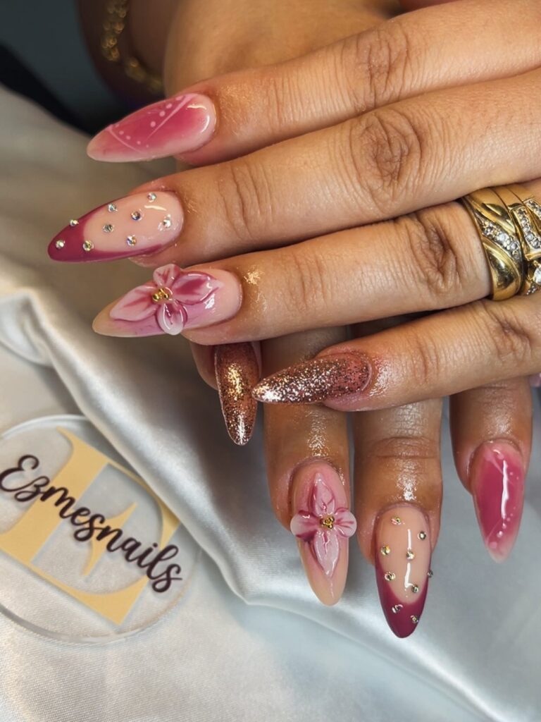 Dusty rose French tip nails with slim blush tips, oval shape, bridal manicure close-up