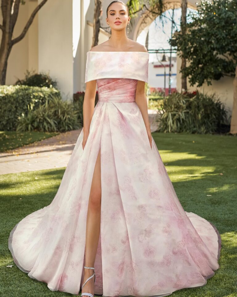 Alt text: Bride wearing a soft floral print dress at a city hall wedding, spring bridal look, civil ceremony style