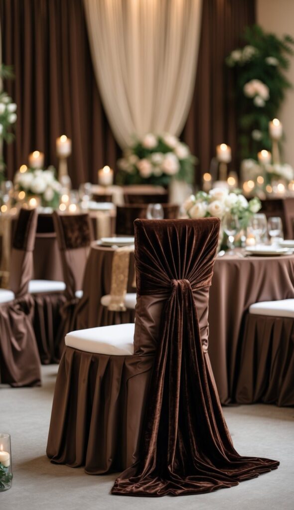 Alt text: Wedding chairs with velvet chocolate brown covers, paired with white flowers and gold accents, reception setting