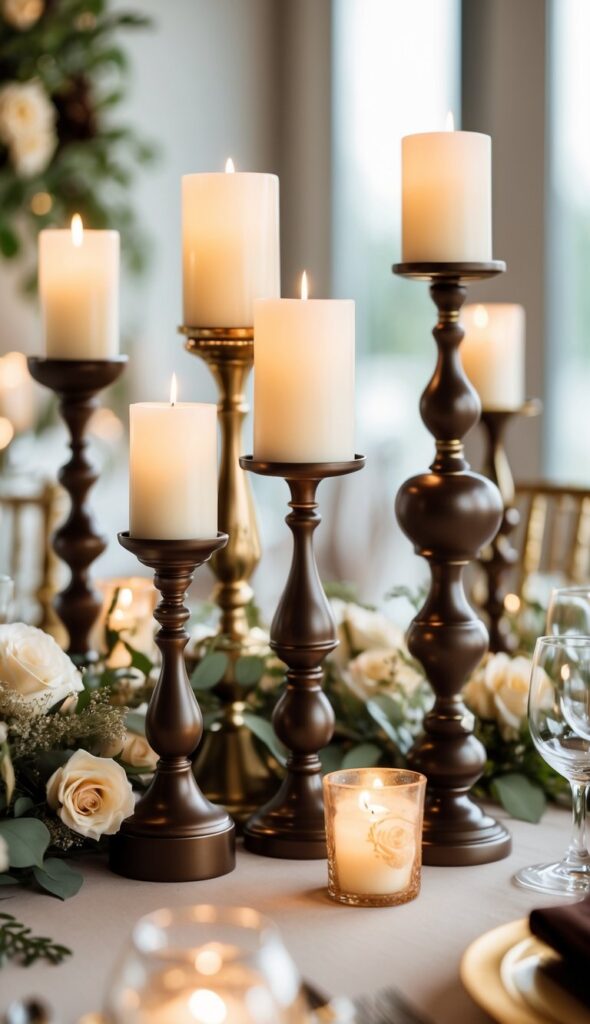Alt text: Chocolate brown and gold candle holders with lit candles, elegant wedding table centerpiece, warm candlelight