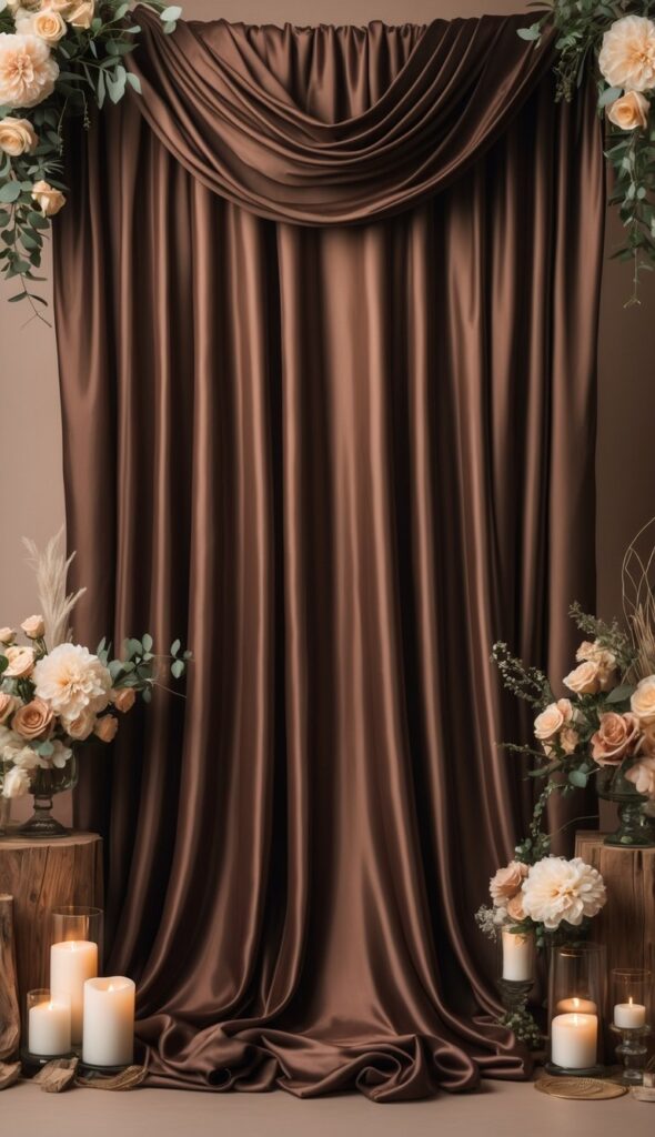 Alt text: Chocolate brown silk fabric backdrop for wedding ceremony, draped fabric with floral and candle styling
