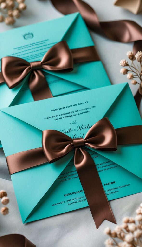 Alt text: Turquoise wedding invitations tied with chocolate brown ribbon, stationery flat lay with brown decorative accents