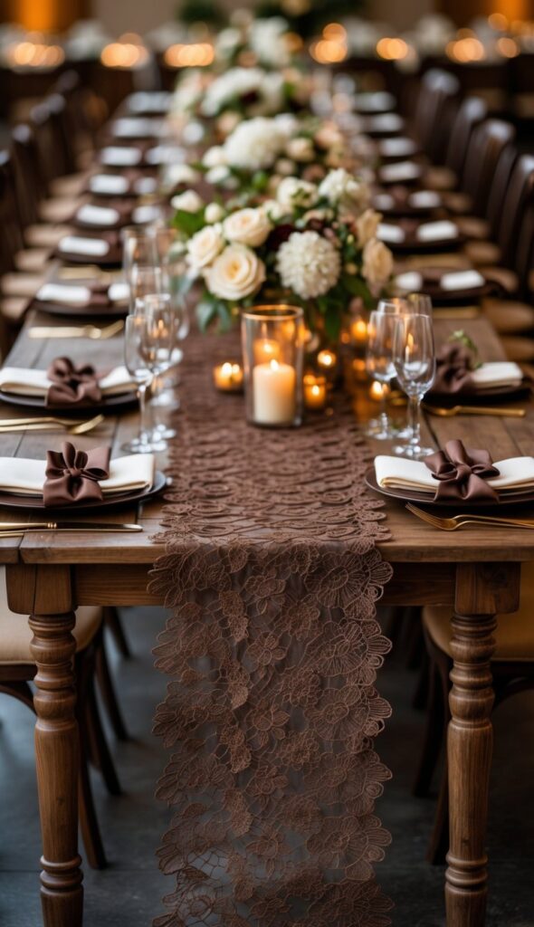 Alt text: Wedding tables with chocolate brown lace runners, vintage-style reception decor, elegant table styling