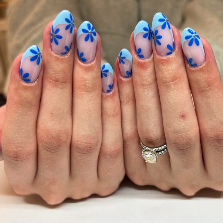 Alt text: Dusty blue nails with tonal blue floral nail art, monochromatic bridal manicure, wedding nail design